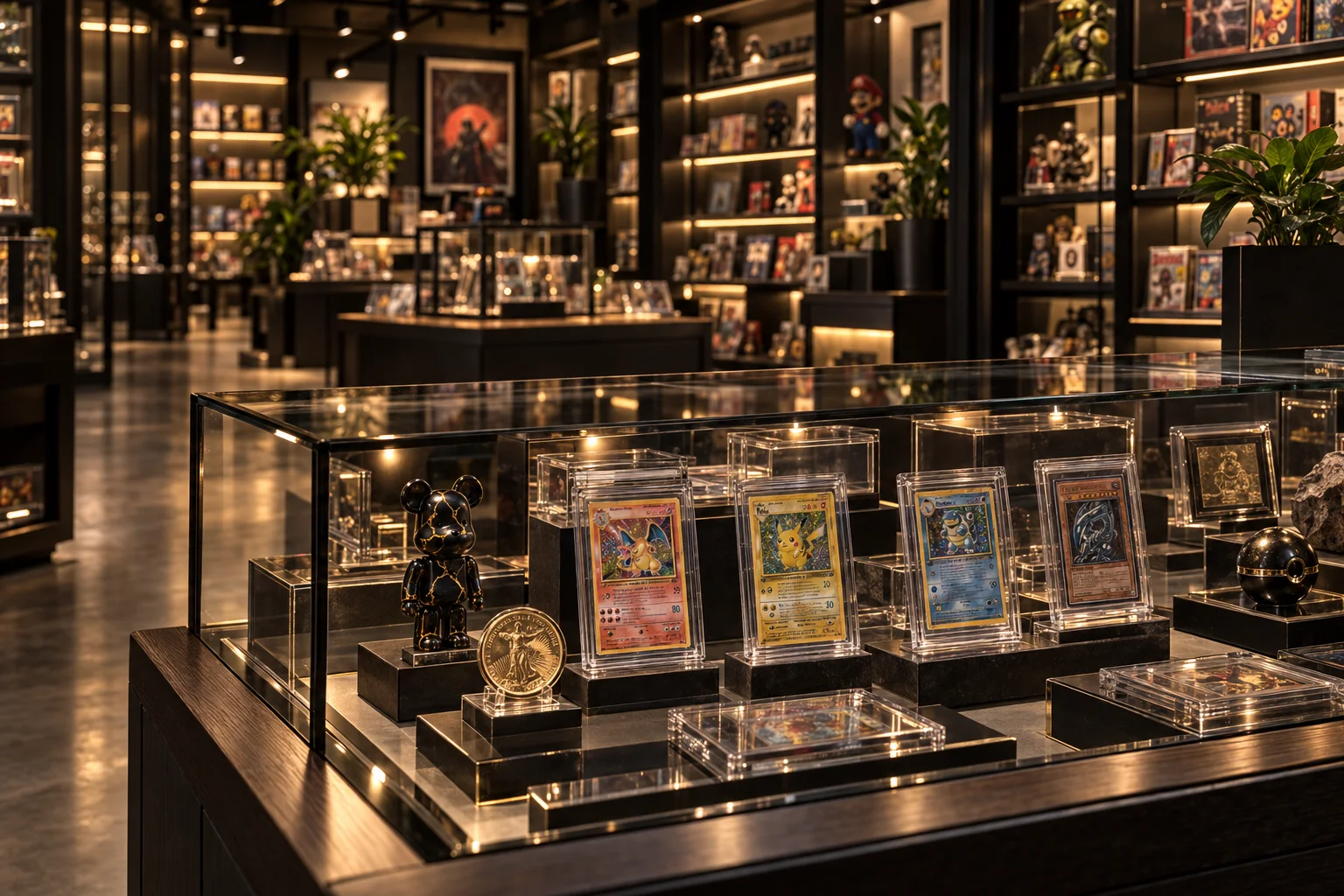 An illustrative collection of cards, coins and a toy figure