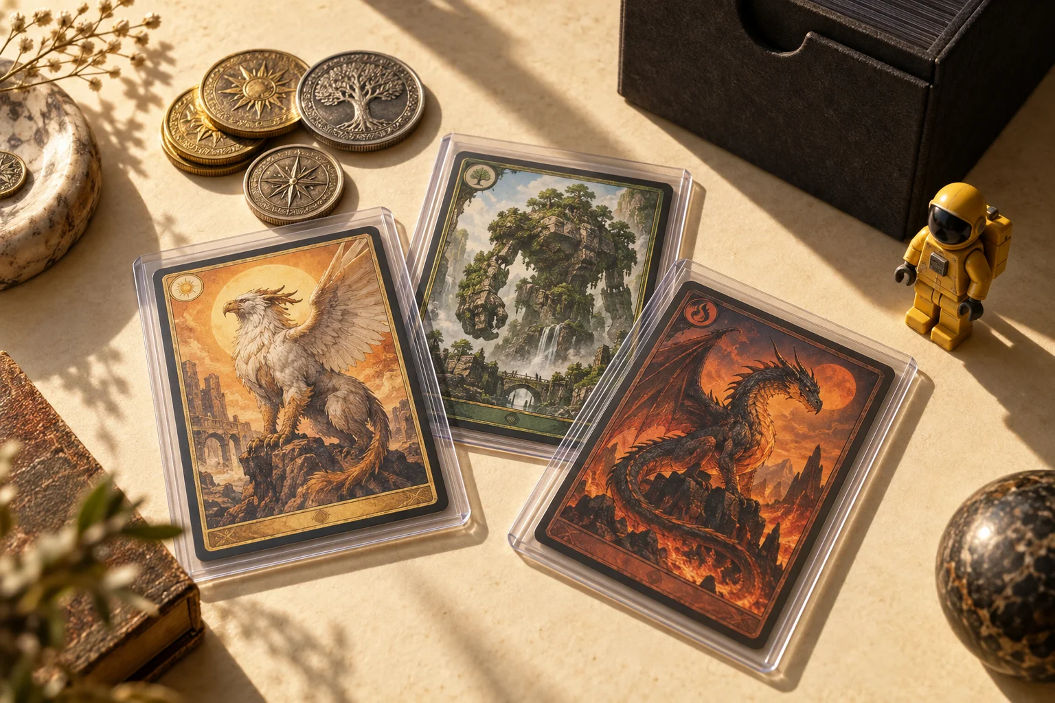 Illustrative trading cards, collector coins and a toy astronaut arranged on a table